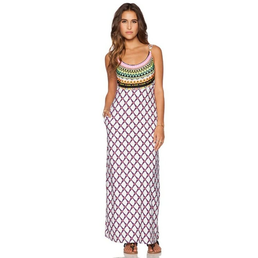 Trina Turk Kon Tiki White Multi-Pattern Maxi Dress W/ Beaded Accents Small